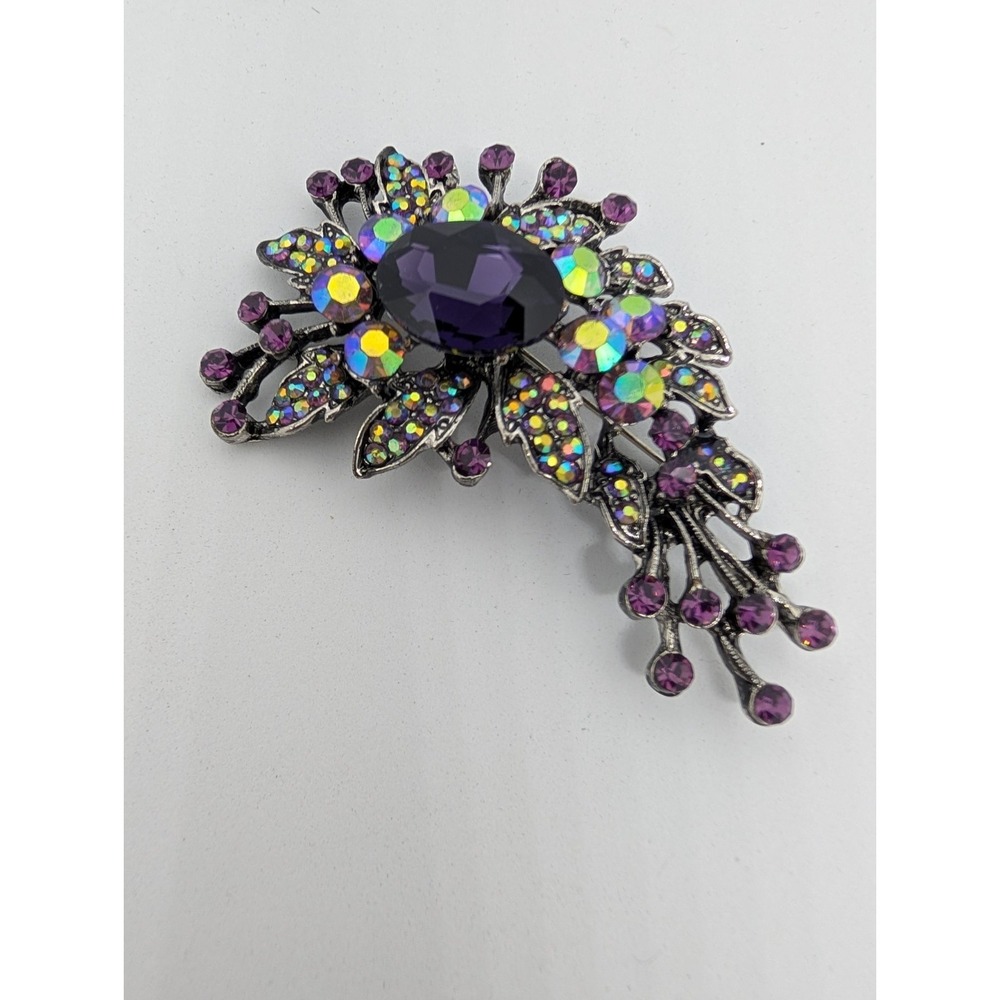 Stunning Brooch Pin Flower Shape Silver Tone AB & Purple Rhinestones 3x2" NICE